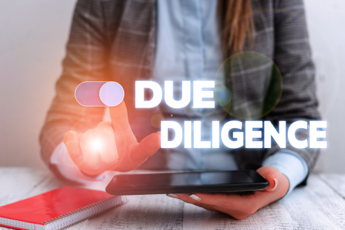 Woman looking at an ipad with the caption 'due diligence'