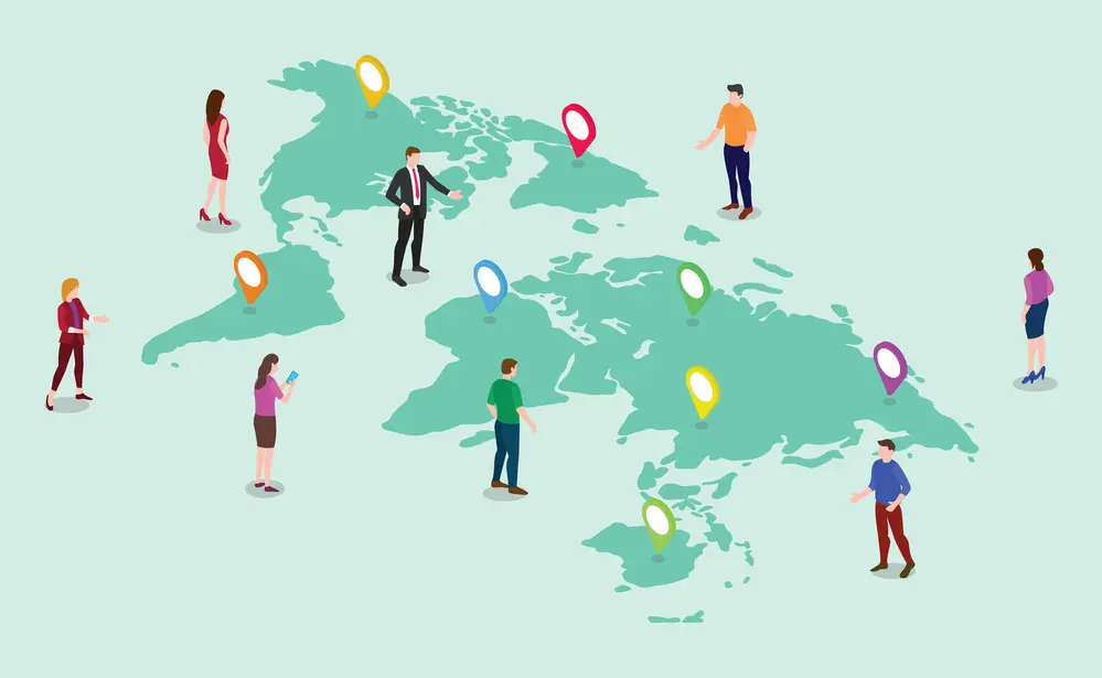infographic of people around a map with location pins in some areas